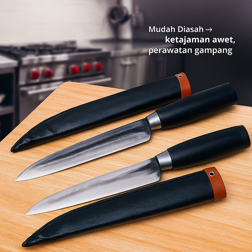 Pisau Seset Daging Baja Super Tajam – Pisau Dapur Sembelih Ayam Kambing Dengan Sarung Kalep