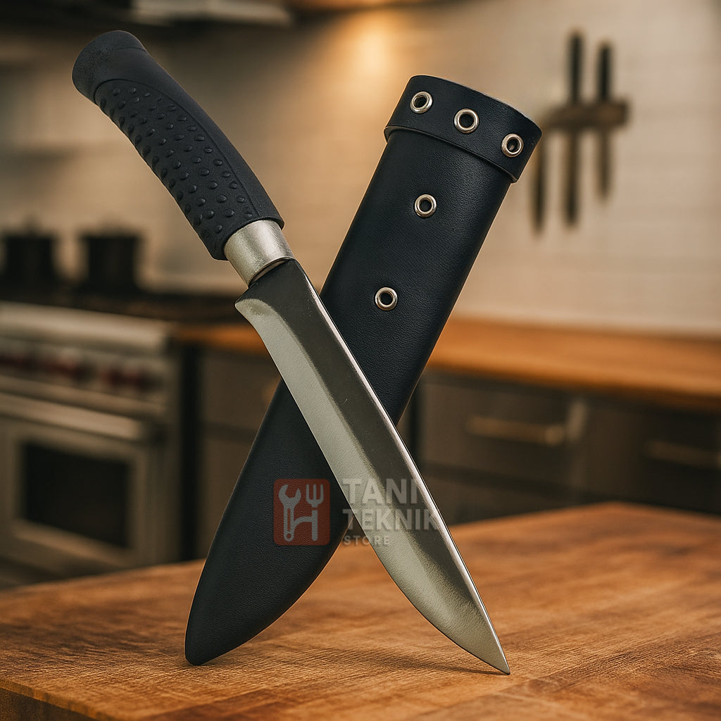 Pisau Seset Daging Baja Super Tajam – Pisau Dapur Sembelih Ayam Kambing Dengan Sarung Kalep